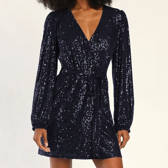 NWOT Lulus Sparkly Darling Navy Blue‎ Sequin Long Sleeve Wrap Dress - Picture 1 of 7